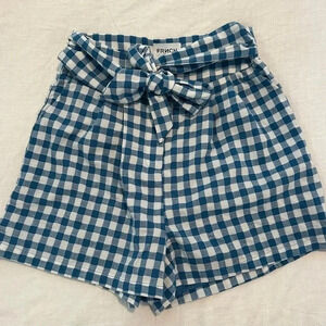 FRNCH Paris Women's Tie Waist Plaid Blue Gingham Shorts Size Small Pockets